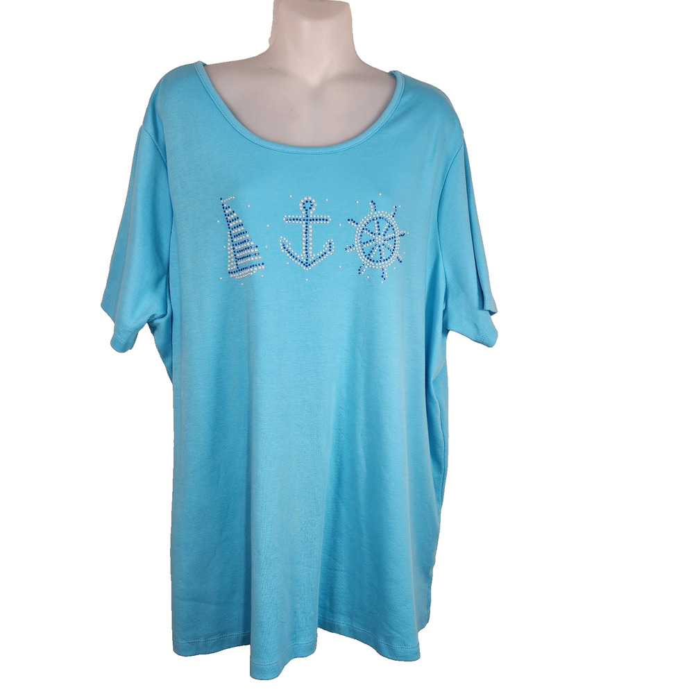 Quacker Factory Women Pearl T Shirt Embellished Nautical Beach Size 2X Teal Knit